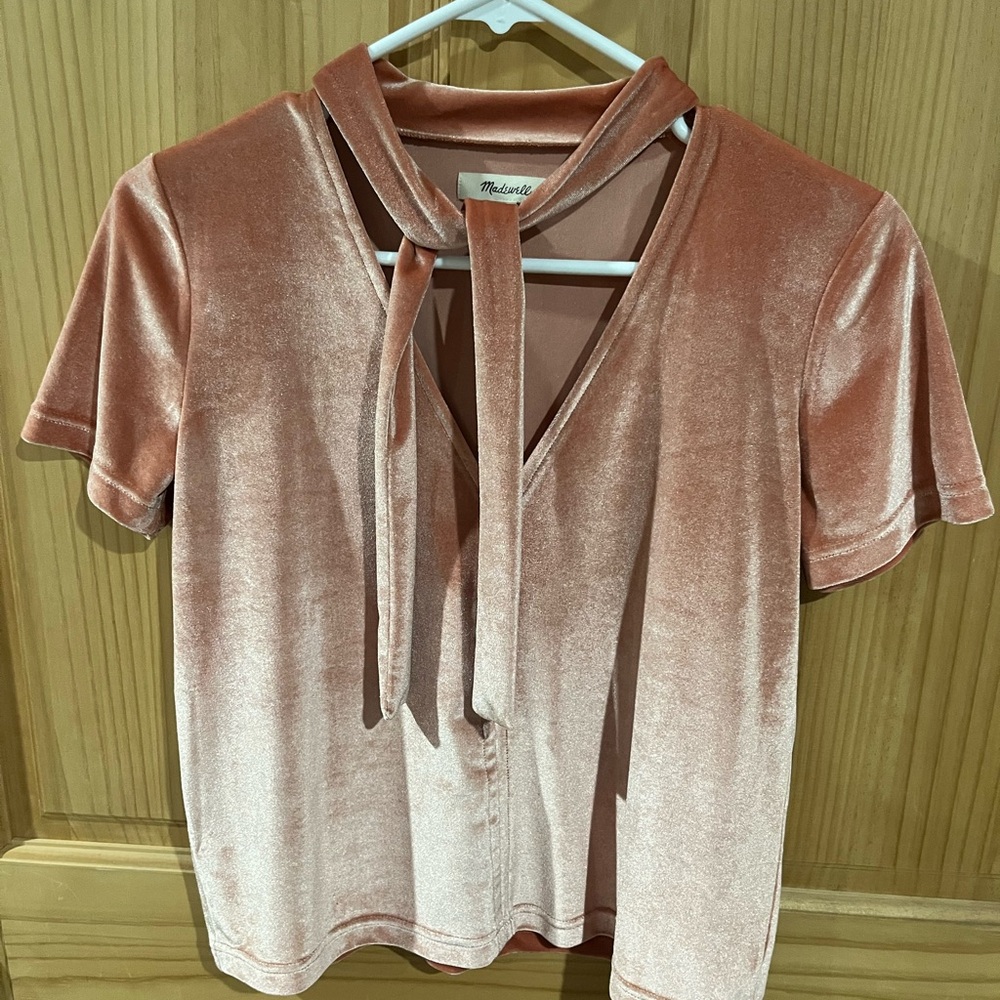 Madewell Pink Velvet Tie-Neck Blouse